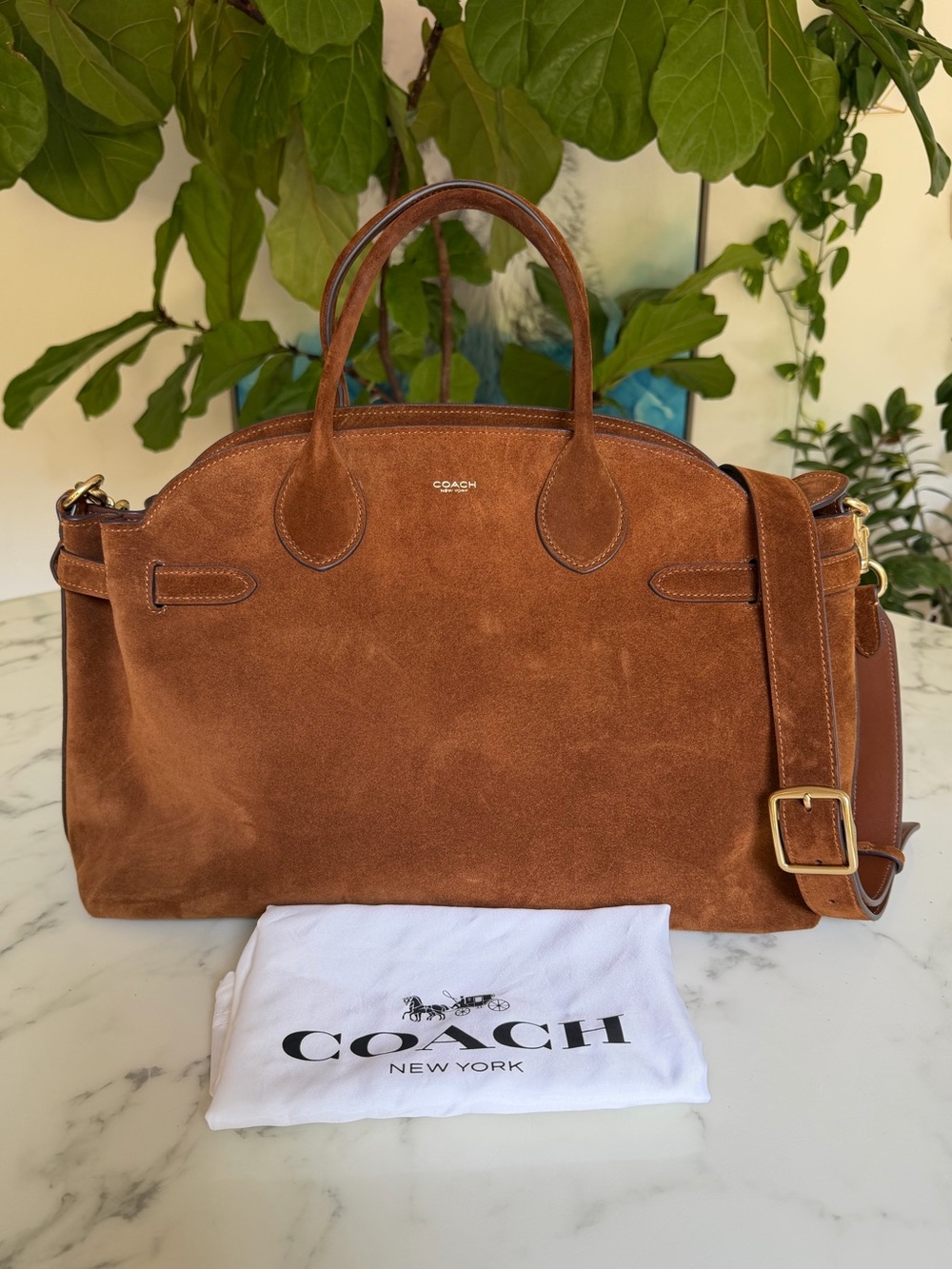 Coach Soft Empire Carryall 40 Warm Brown Suede Leather XL Satchel Bag CBN42